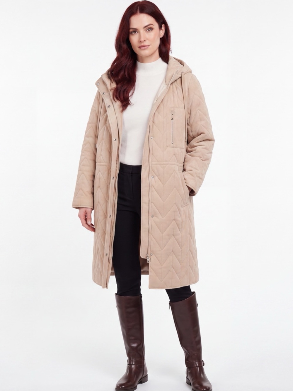 Tan Quilted Thermal Long Hooded Winter Puffer Coat XL NWT